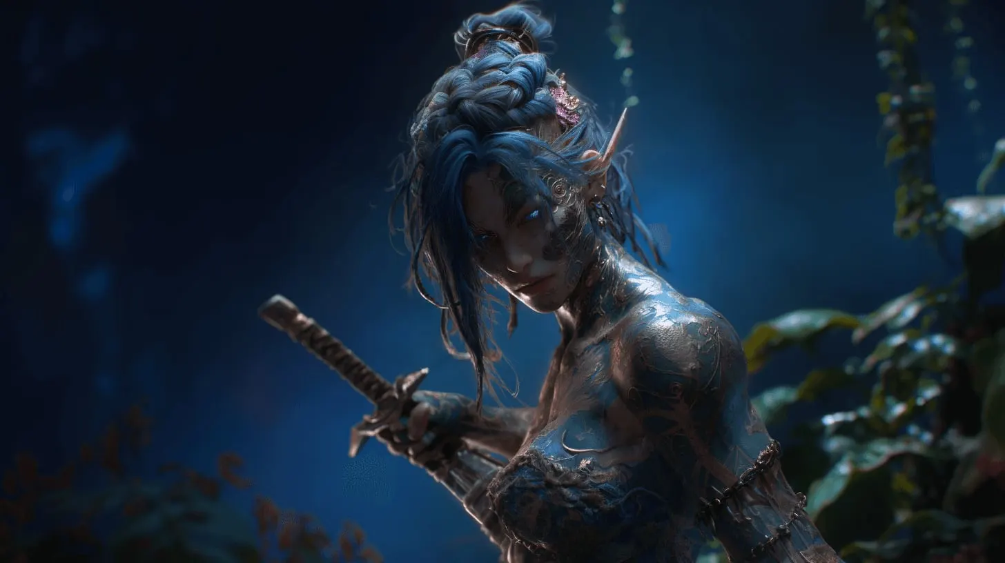 Blue-haired warrior woman holding a sword in a moonlit forest, AI fantasy character concept