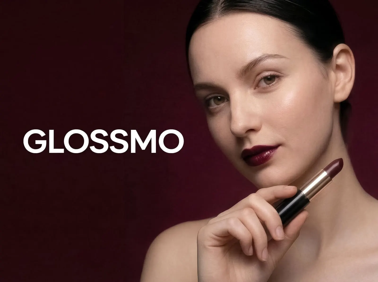 Glossmo campaign still: woman in dark red lipstick holding a lipstick against a maroon backdrop